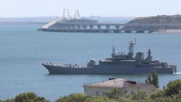 A Russian military large landing ship, which now transports cars and people between Crimea and Taman because the Crimean Bridge connecting Russian mainland and Crimean peninsula over the Kerch Strait is closed, sails not far from Kerch, Crimea, on Monday, July 17, 2023. An attack before dawn damaged part of a bridge linking Russia to Moscow-annexed Crimea that is a key supply route for Kremlin forces in the war with Ukraine. The strike Monday has forced the span's temporary closure for a second time in less than a year. (AP Photo)