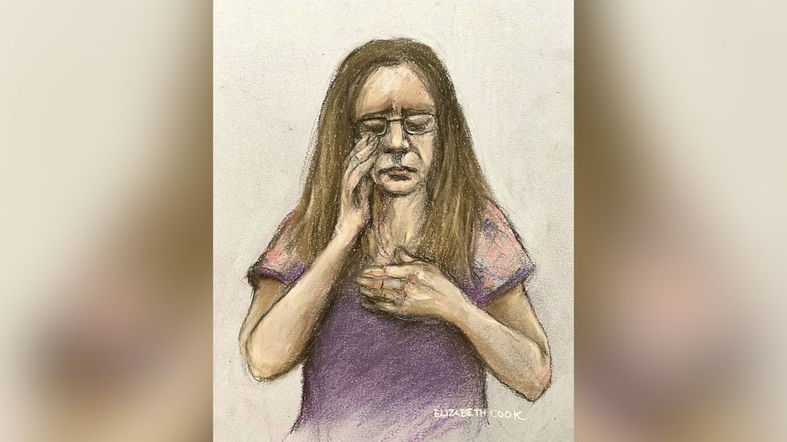 A court artist sketch of an emotional Carla Foster appearing by video link from prison, at the Court of Appeal, London, to challenge her sentence on Tuesday.