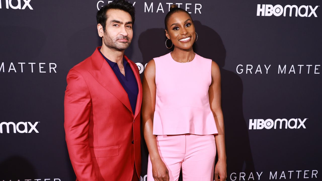 Kumail Nanjiani and Issa Rae attend the red carpet event for HBO Max's Project Greenlight Film "Gray Matter" at The Fairmont Miramar on February 28, 2023 in Santa Monica, California. 