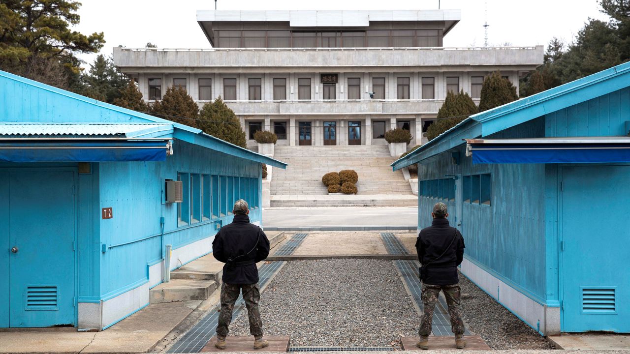 South Korean soldiers stand guard during a media tour at the Joint Security Area (JSA) in the border village of Panmunjom in March 2023