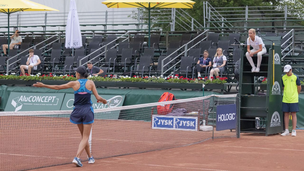 Mandatory Credit: Photo by Xinhua/Shutterstock (14014336h)
Zhang Shuai (L) of China speaks with the umpire during the women's singles round of 32 match between Amarissa Toth of Hungary and Zhang Shuai of China at the WTA 250 Hungarian Grand Prix in Budapest, Hungary on July 18, 2023.
Hungary Budapest Tennis Wta Hungarian Grand Prix Women's Singles - 18 Jul 2023