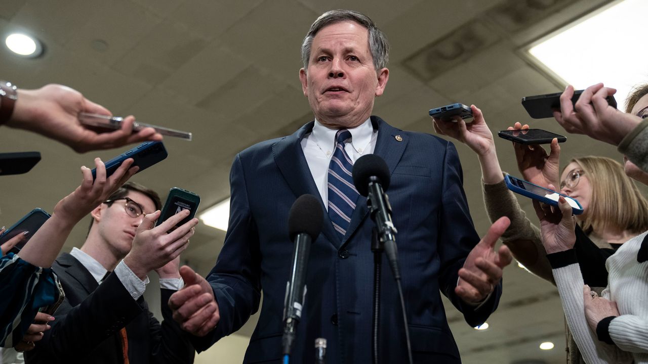 Sen. Steve Daines speaks to reporters at the U.S. Capitol February 9, 2023 in Washington, DC.