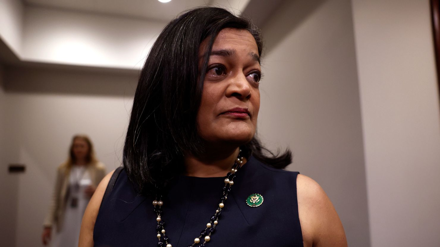 Rep. Pramila Jayapal arrives for a House Democrat caucus meeting at the U.S. Capitol on May 31, 2023 in Washington, DC.