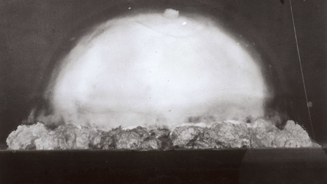 Image labeled '0.053 Sec' of the first nuclear test, codenamed "Trinity," conducted by Los Alamos National Laboratory at Alamogordo, New Mexico in 1945. 