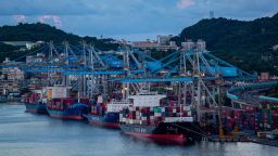Cargo ships are seen at a harbour on August 07, 2022 in Keelung, Taiwan. 
