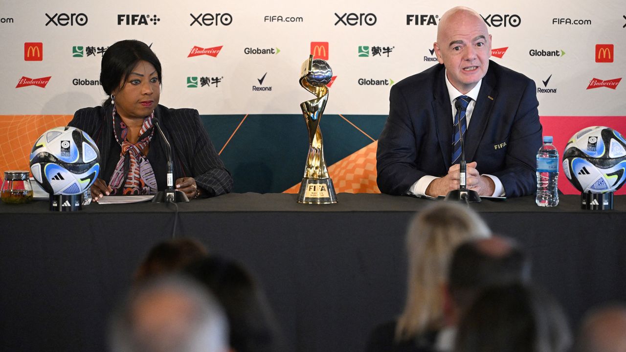 FIFA president Gianni Infantino (right) and FIFA Secretary General Fatma Samoura attend a press conference in Auckland on July 19.