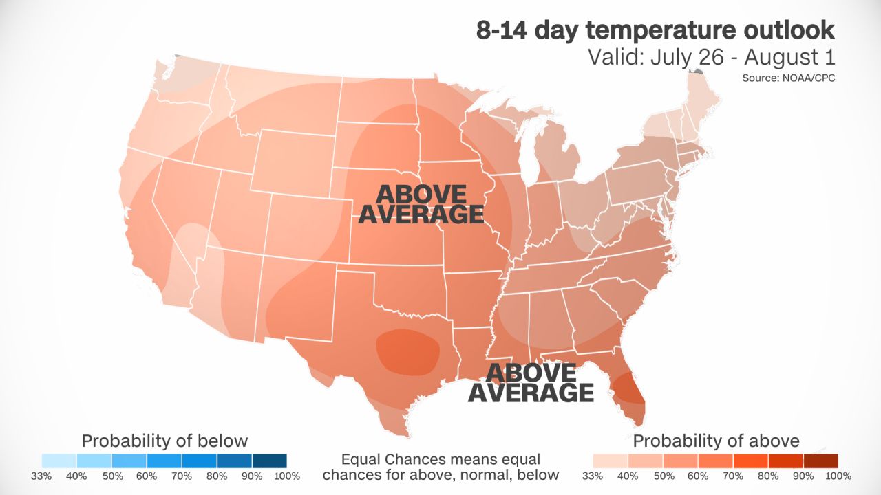 This graphic shows which areas most likely to experience heat through the rest of July.