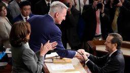 Israeli President Isaac Herzog is greeted by House Speaker Kevin McCarthy of California, as he arrives to speak to a joint meeting of Congress, Wednesday, July 19, 2023, at the Capitol in Washington, DC. 