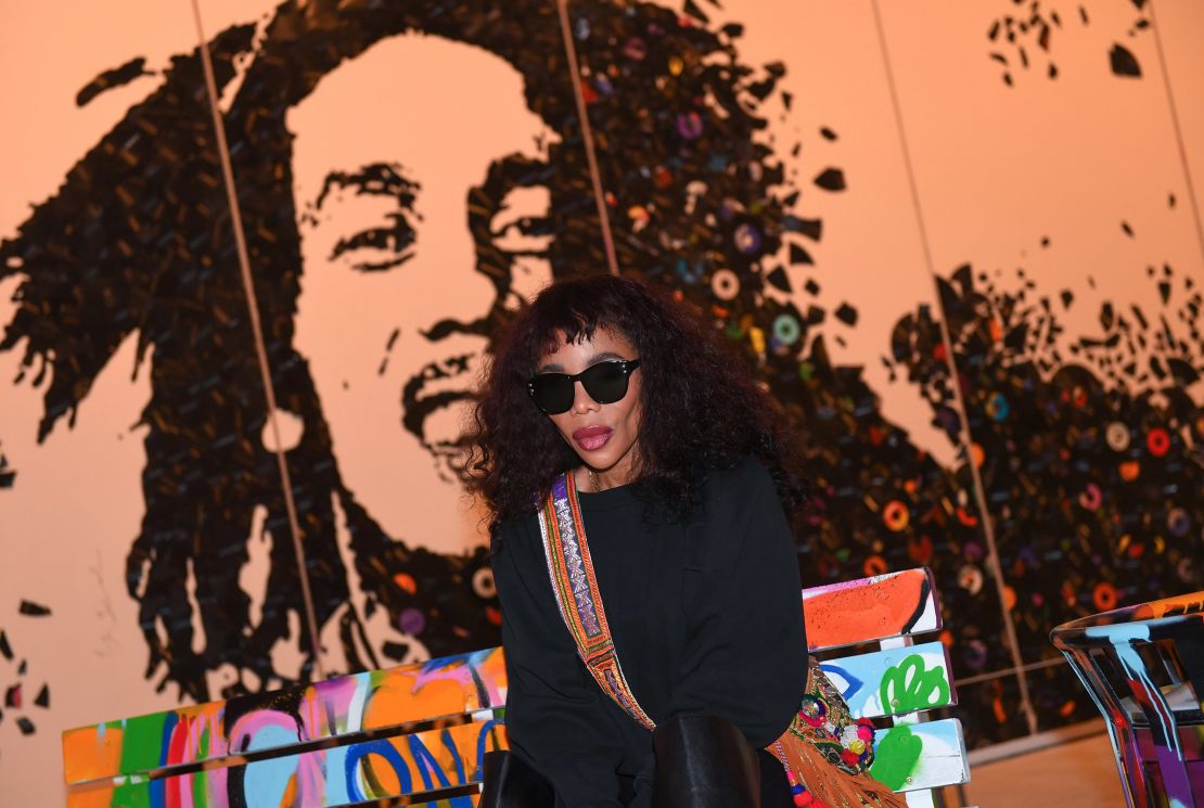 LONDON, ENGLAND - FEBRUARY 01: Cedella Marley, daughter of Bob and Rita Marley and CEO of Bob Marley Group Of Companies attends the Bob Marley One Love Experience at the Saatchi Gallery on February 1, 2022 in London, England. (Photo by Joe Maher/Getty Images)