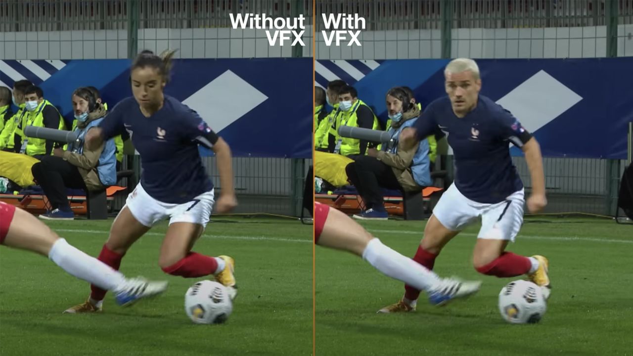  A frame from the advertisement, showing  Sakina Karchaoui playing for the French women's national team on the left and a visually altered version of Karchaoui edited to look like men's team player Antoine Griezmann on the right.