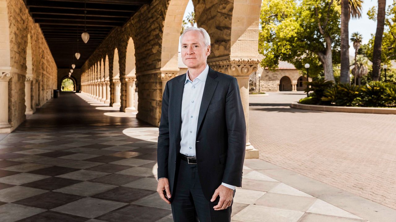 Stanford President Marc Tessier-Lavigne is pictured at Stanford University in Palo Alto, California on May 2, 2022.