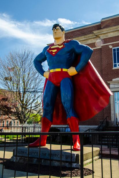 <strong>Metropolis, Illinois:</strong> This town long predates the superhero, but Superman looms large anyway. This statue towers above the town square near a Super Museum.