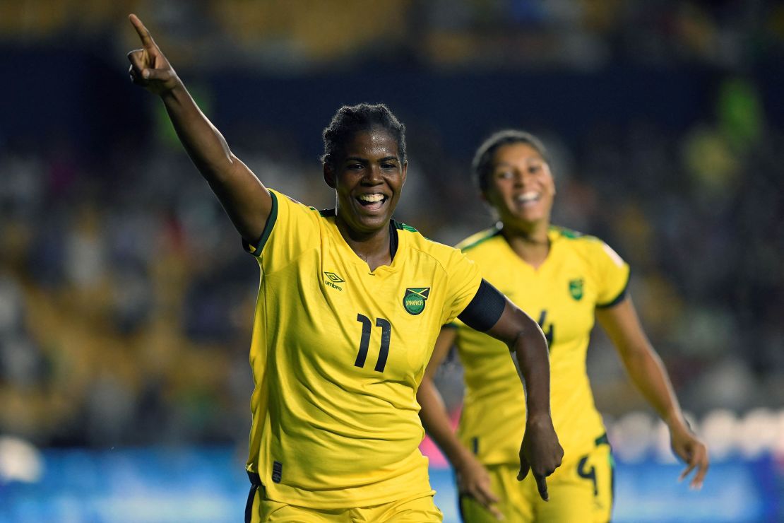 Jamaica's Khadija Shaw celebrates after scoring against Mexico during their 2022 Concacaf Women's Championship football match, at the Universitario stadium in Monterrey, Nuevo Leon State, Mexico on July 4, 2022. (Photo by ALFREDO ESTRELLA / AFP) (Photo by ALFREDO ESTRELLA/AFP via Getty Images)