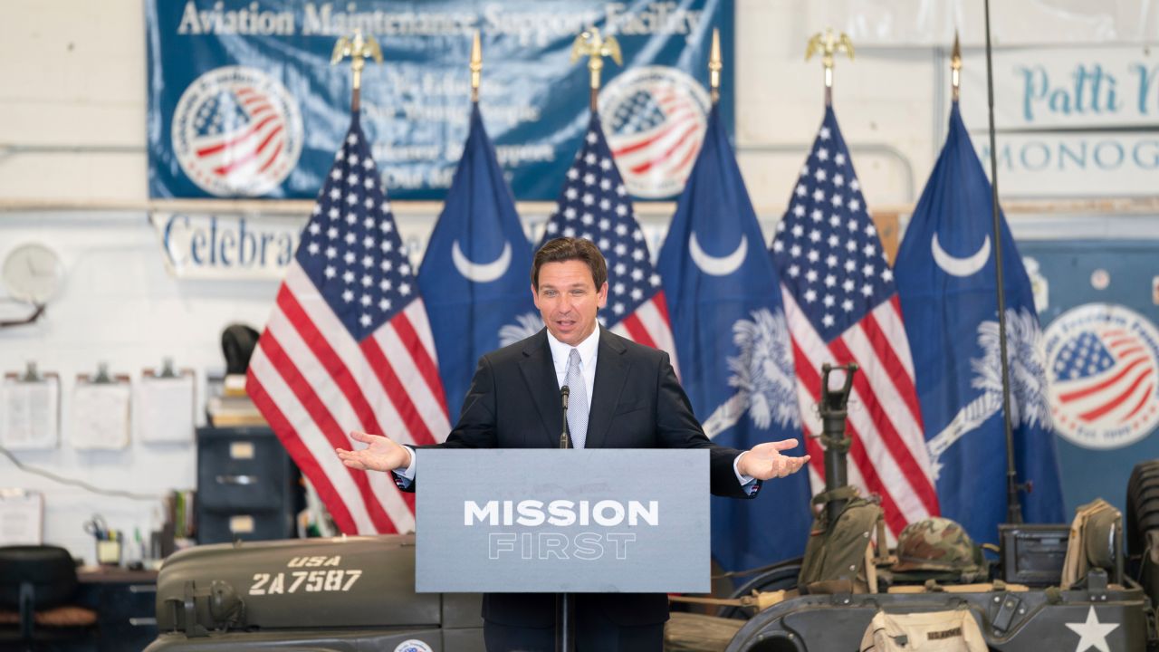 Florida Governor and Republican presidential candidate Ron DeSantis speaks during a press conference at the Celebrate Freedom Foundation Hangar in West Columbia, S.C. Tuesday, July 18, 2023. DeSantis visited South Carolina to file his 2024 candidacy for president. (AP Photo/Sean Rayford)