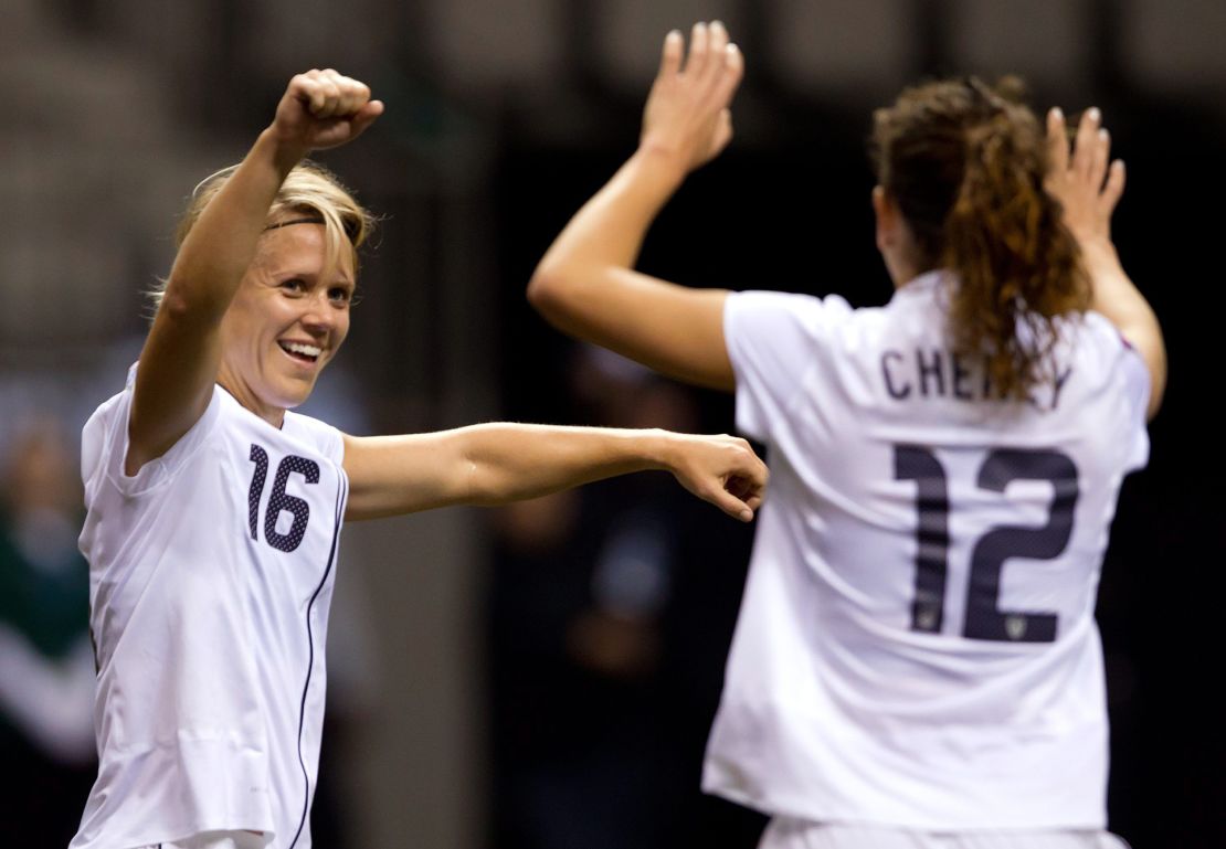 United States' Lori Lindsey, left, celebrates her goal against Guatemala with teammate Lauren Cheney during the first half in a CONCACAF women's Olympic qualifying soccer game in Vancouver, British Columbia, on Sunday, Jan. 22, 2012. (AP Photo/The Canadian Press, Darryl Dyck