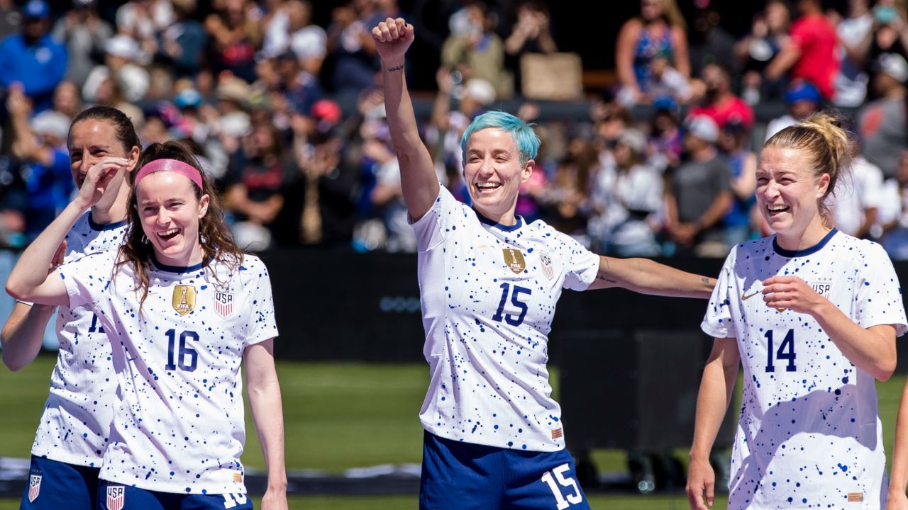 Jul 9, 2023; San Jose, California, USA;  United States of America forward Megan Rapinoe (15) celebrates with her teammates during the send-off celebrations after the game against Wales PayPal Park. Mandatory Credit: John Hefti-USA TODAY Sports