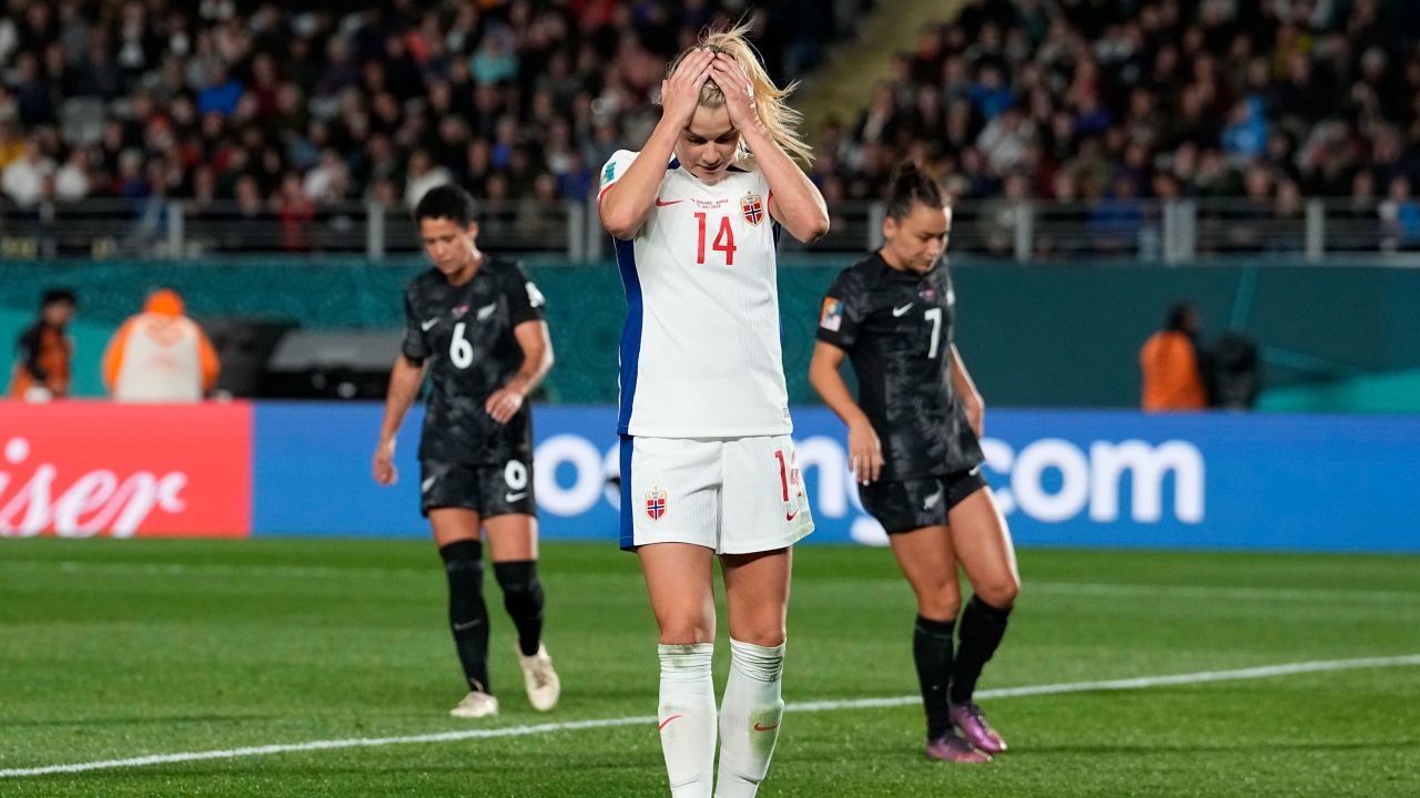 Norway's Ada Hegerberg reacts after missing a scoring chance.