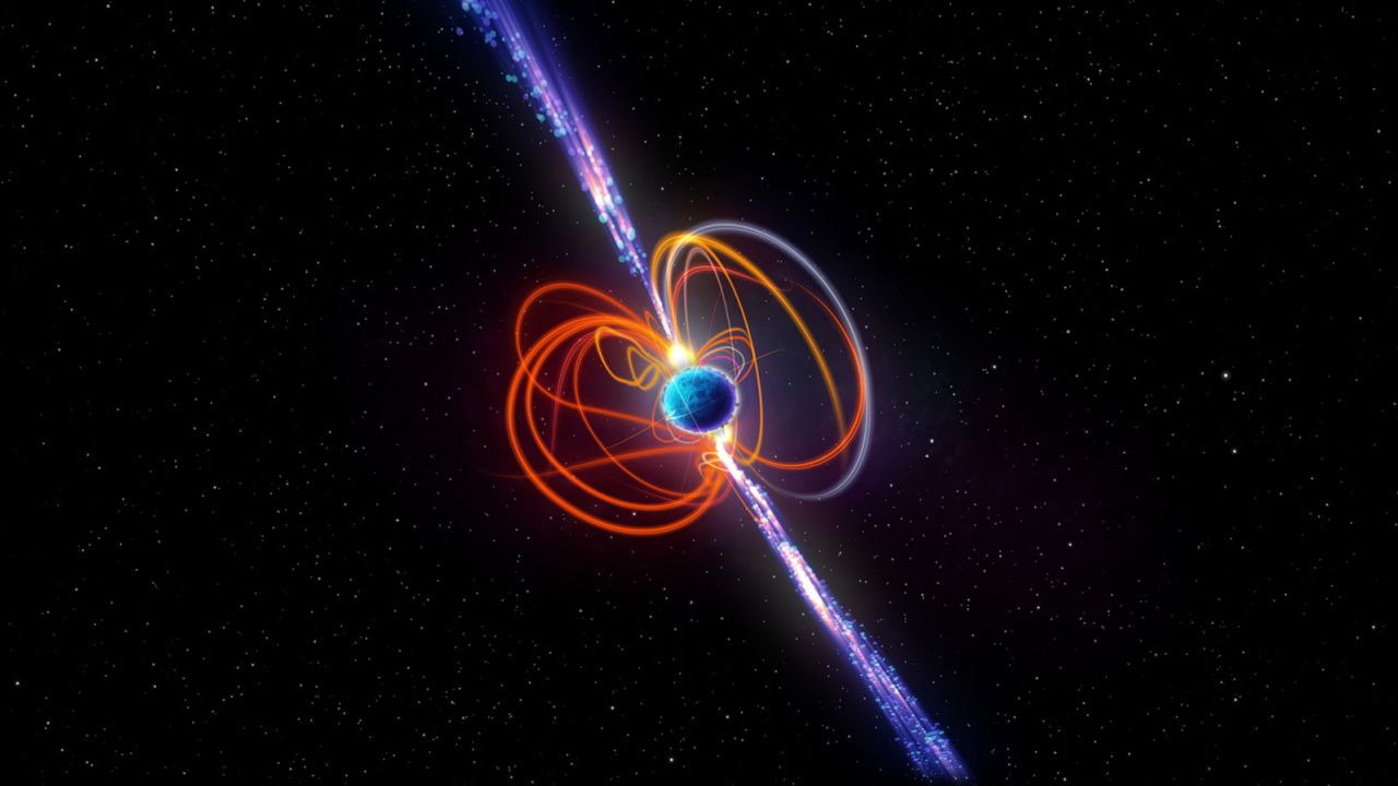 An artist’s illustration depicts an ultra-long period magnetar, a rare type of star with extremely strong magnetic fields that can produce powerful bursts of energy.