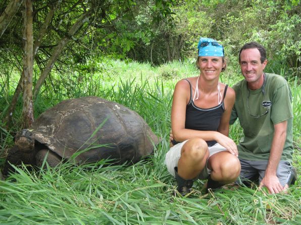 <strong>Incredible experiences:</strong> Here's the couple with a giant tortoise on Santa Cruz in the Galapagos Islands in 2013.