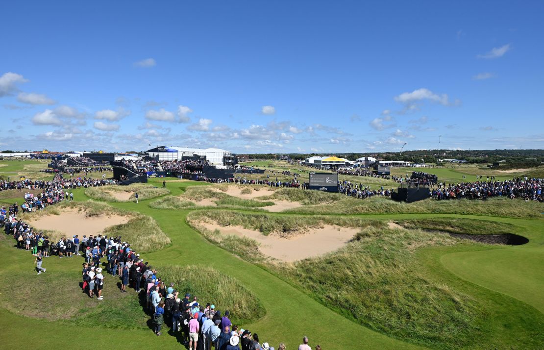 HOYLAKE, ENGLAND - JULY 19: General view across the 17th tee and hole as crowds look on during a practice round prior to The 151st Open at Royal Liverpool Golf Club on July 19, 2023 in Hoylake, England. (Photo by Stuart Franklin/R&A/R&A via Getty Images)