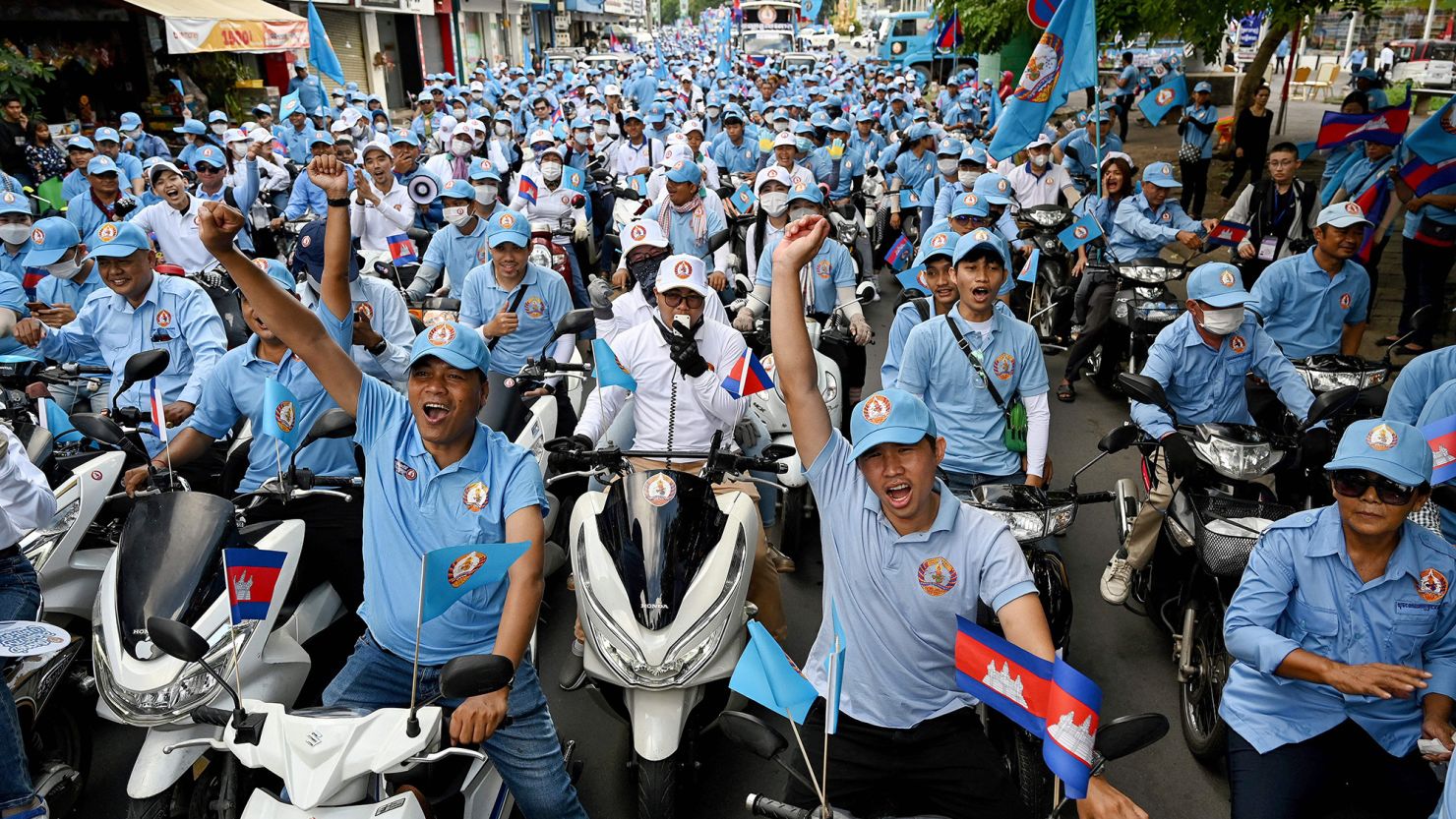 An election rally for the ruling Cambodia People's Party takes place in Phnom Penh on July 1, 2023.