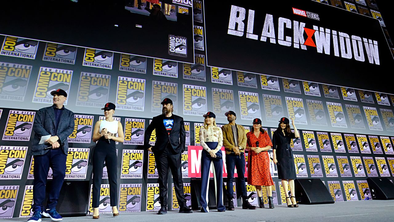 (From left) Kevin Feige, Scarlett Johansson, David Harbour, Florence Pugh, O-T Fagbenle, director Cate Shortland and Rachel Weisz at the San Diego-Comic Con panel for 'Black Widow' in 2019.
