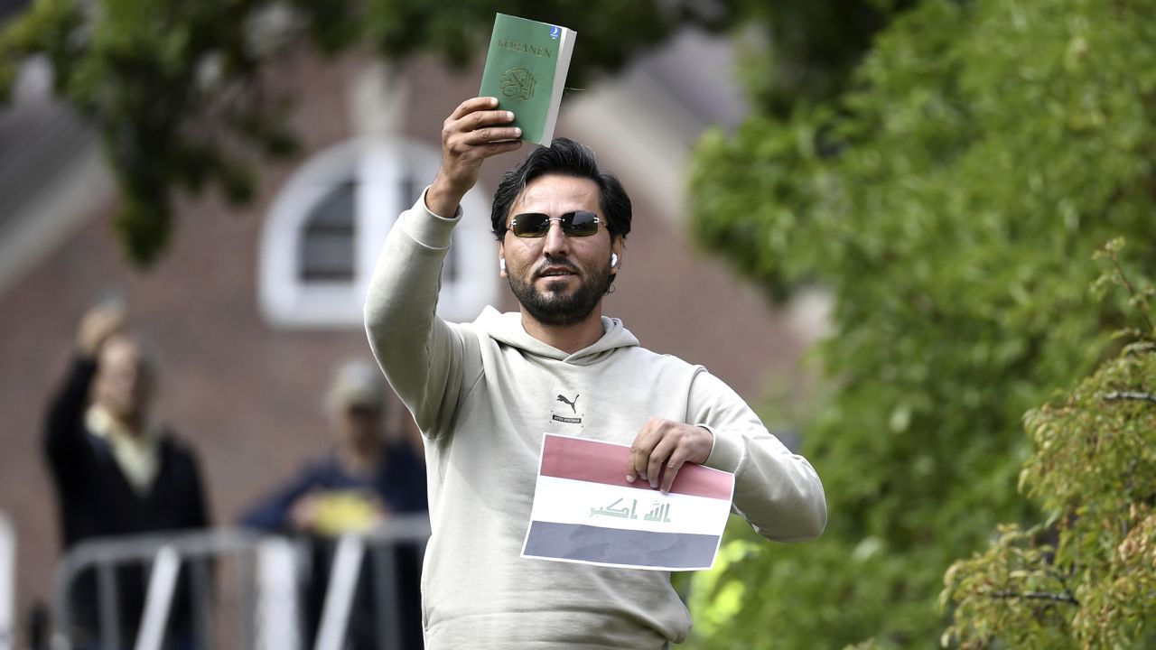 Salwan Momika is pictured at his Quran protest in Stockholm on Thursday.