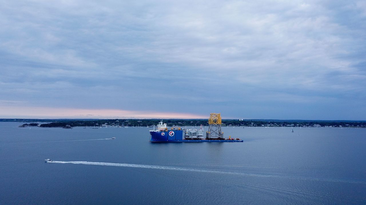 A vessel carrying components for the Vineyard Wind project off the coast of Massachusetts is anchored off Newport, Rhode Island on June 20. 