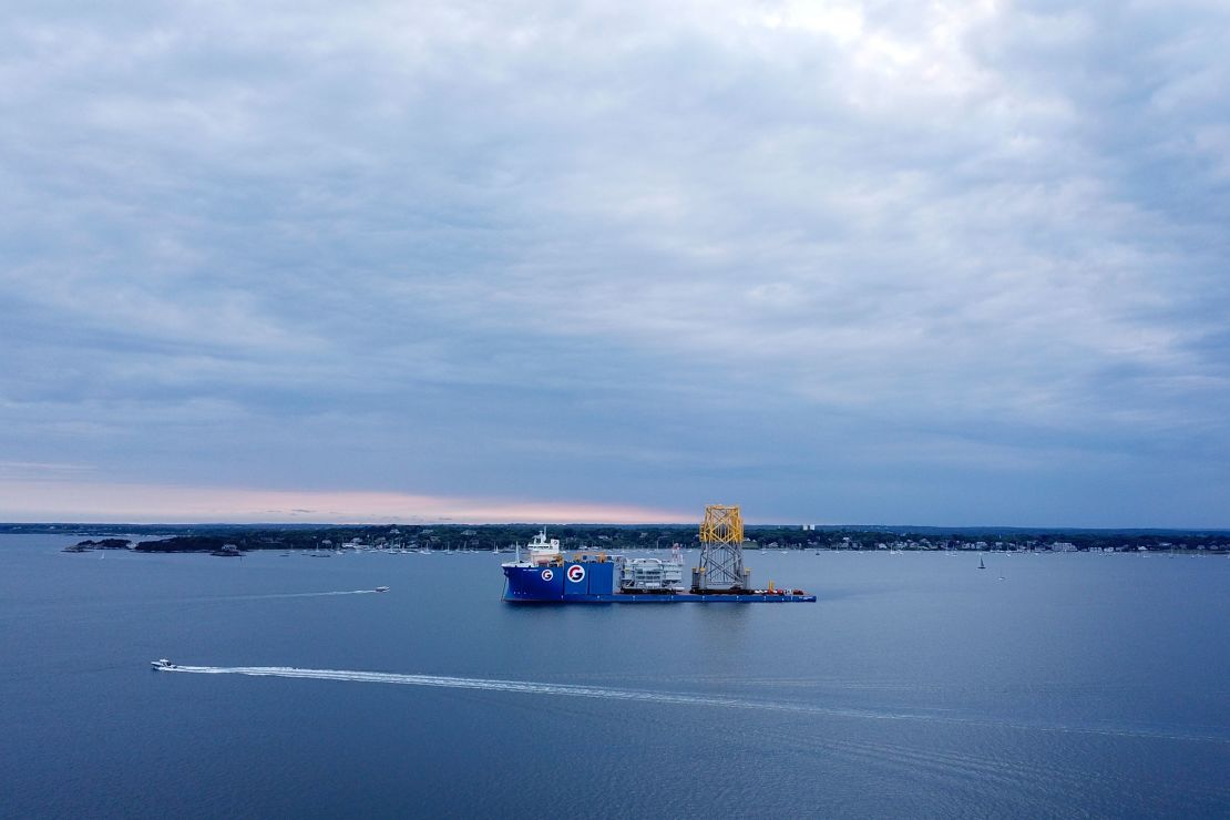 A vessel carrying components for the Vineyard Wind project off the coast of Massachusetts is anchored off Newport, Rhode Island on June 20. 