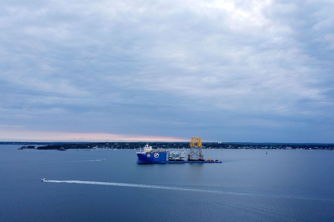 A vessel carrying components for the Vineyard Wind project off the coast of Massachusetts is anchored off Newport, Rhode Island on June 20.