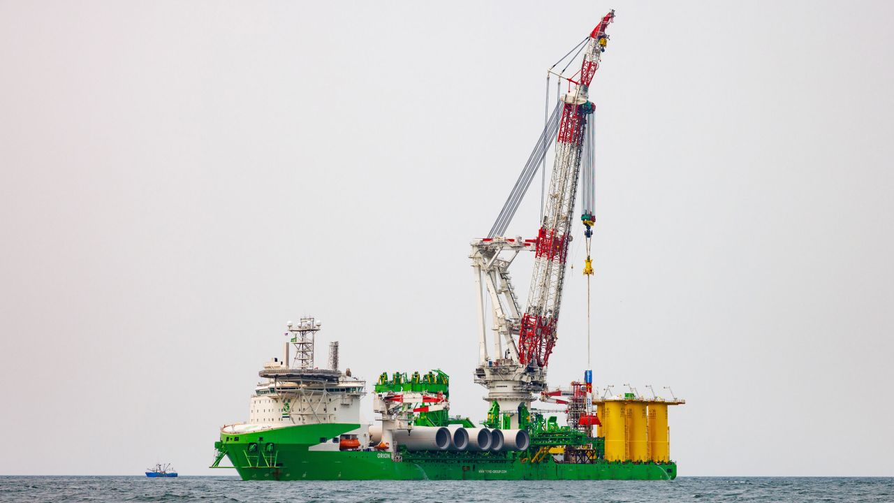 A specialized ship installs the first foundations for the Vineyard Wind near Martha's Vineyard on June 5.