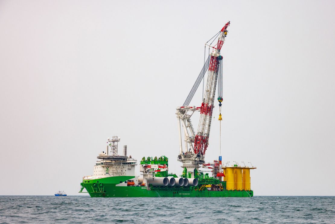 A specialized ship installs the first foundations for the Vineyard Wind near Martha's Vineyard on June 5.
