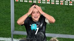 Ali Riley reacts after defeating Norway 1-0 at Eden Park in Auckland on July 20.
