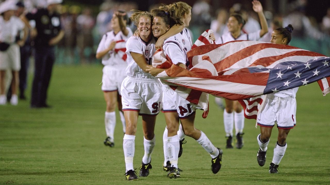 1 Aug 1996:  Team USA running and celebrating their win in the Women''s Soccer Finals during the 1996 Olympic Games in the Sanford Stadium in Athens, Georgia. The Women''s Team USA defeated the Women''s Team China 2-1.