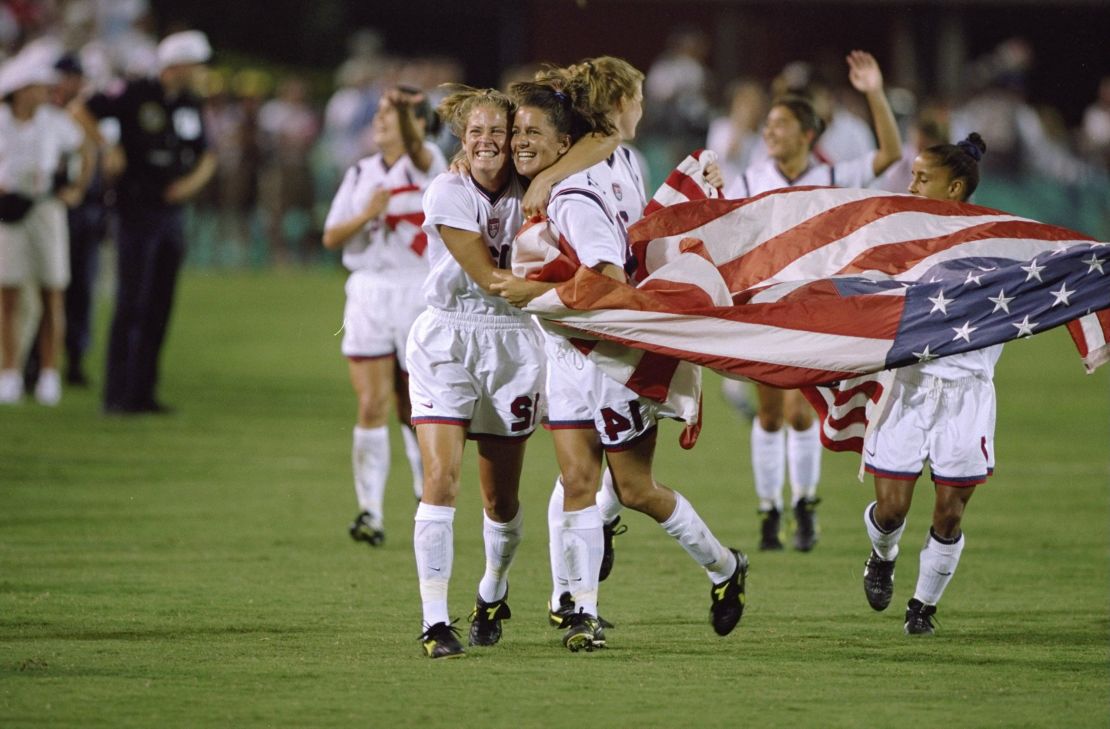 1 Aug 1996:  Team USA running and celebrating their win in the Women''s Soccer Finals during the 1996 Olympic Games in the Sanford Stadium in Athens, Georgia. The Women''s Team USA defeated the Women''s Team China 2-1.