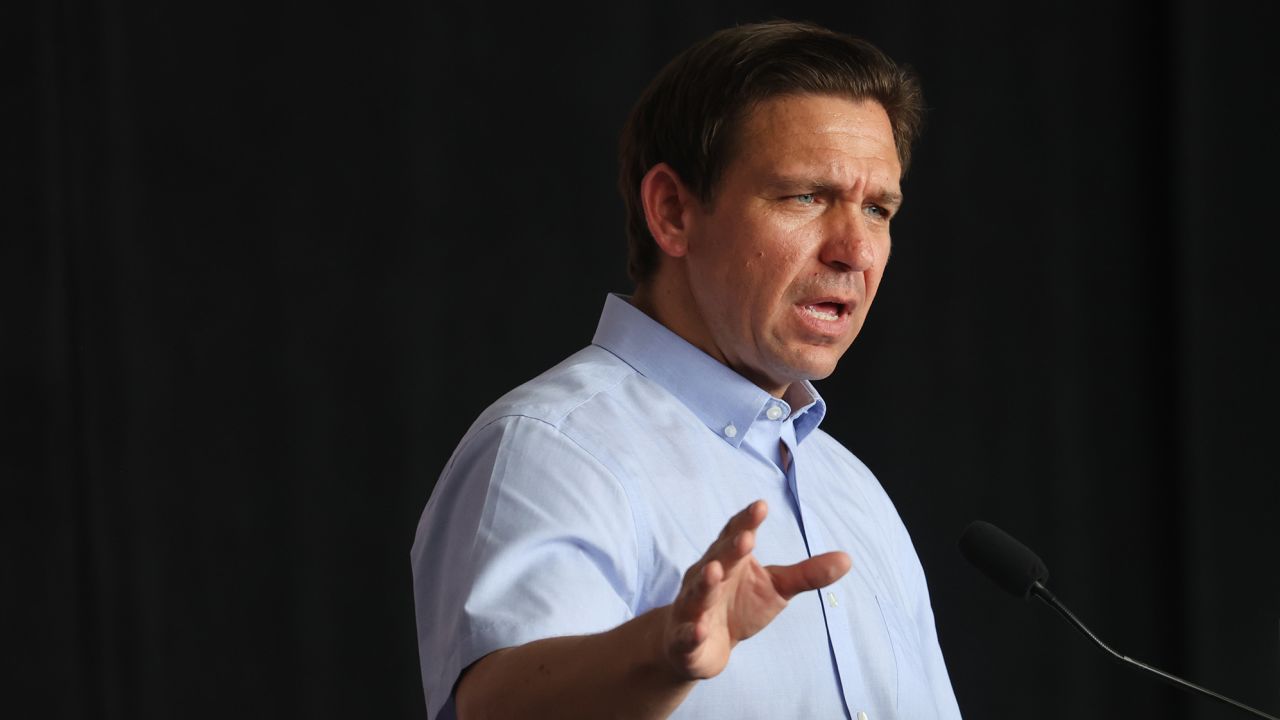 Florida Gov. Ron DeSantis speaks at Rep. Zach Nunn's "Operation Top Nunn: Salute to Our Troops" fundraiser on July 15, 2023, in Ankeny, Iowa. 