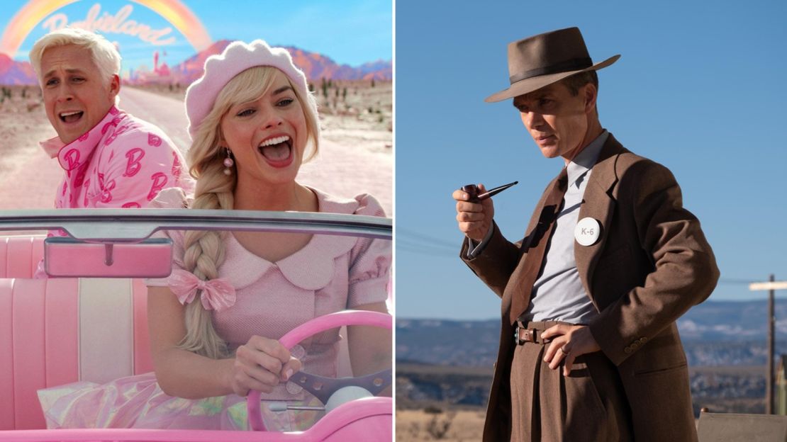 From left: Ryan Gosling and Margot Robbie in "Barbie" and Cillian Murphy in "Oppenheimer."