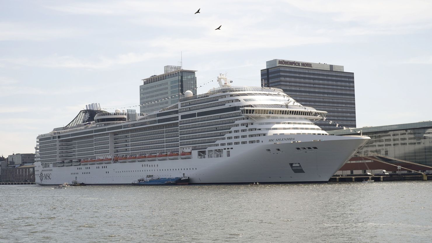 A general view of the 1,093-foot  MSC Splendida, the largest ever cruise ship to visit Amsterdam, docked in the city on July 1, 2015