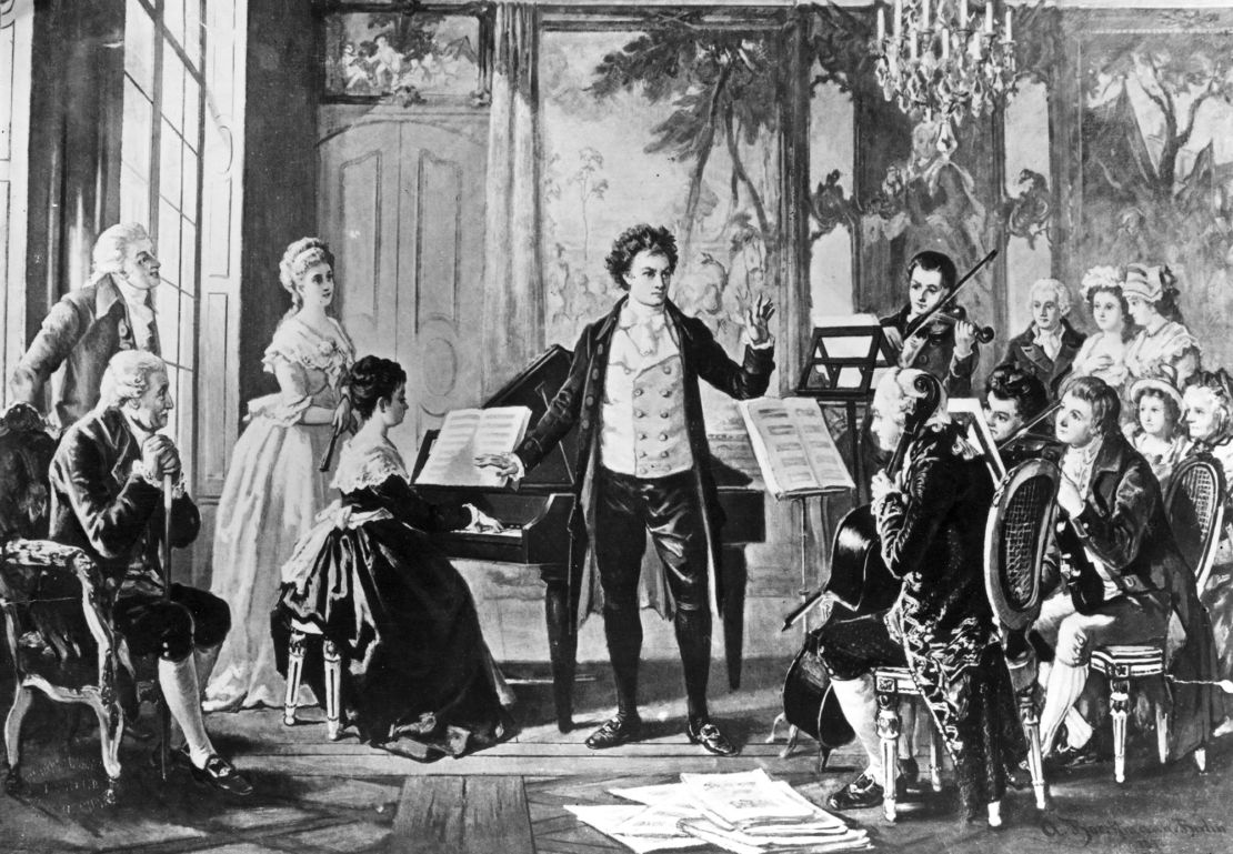 German composer Ludwig van Beethoven (1770-1827) conducting one of his three "Rasumowsky" string quartets, circa 1810. The composer was beset by health problems during his lifetime.