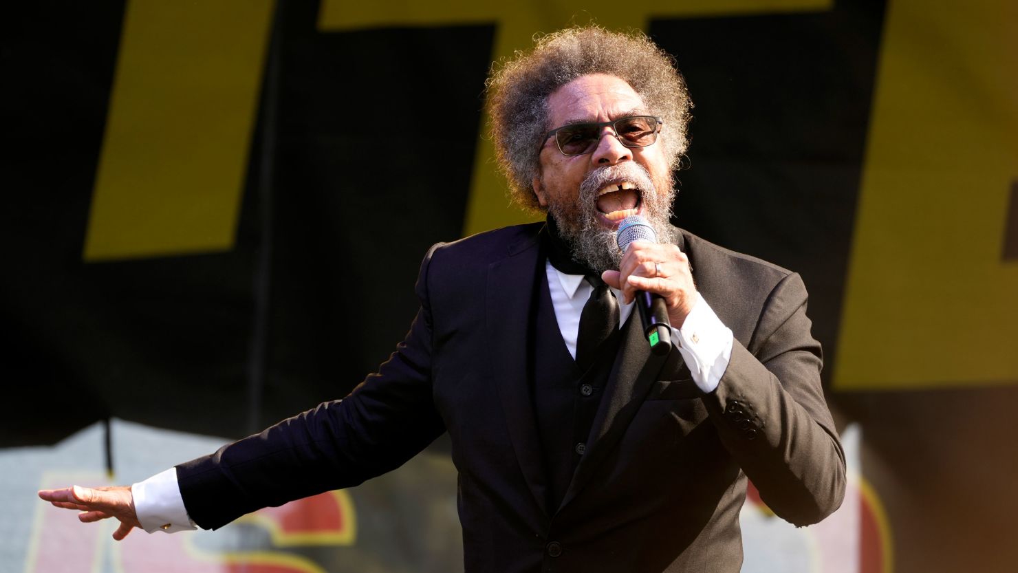 Scholar and activist Dr. Cornel West, who is running for U.S. president as a third-party candidate in 2024, gives the keynote address at the "#BLM Turns 10 People's Justice Festival" on Saturday, July 15, 2023, at the Leimert Park neighborhood in Los Angeles.