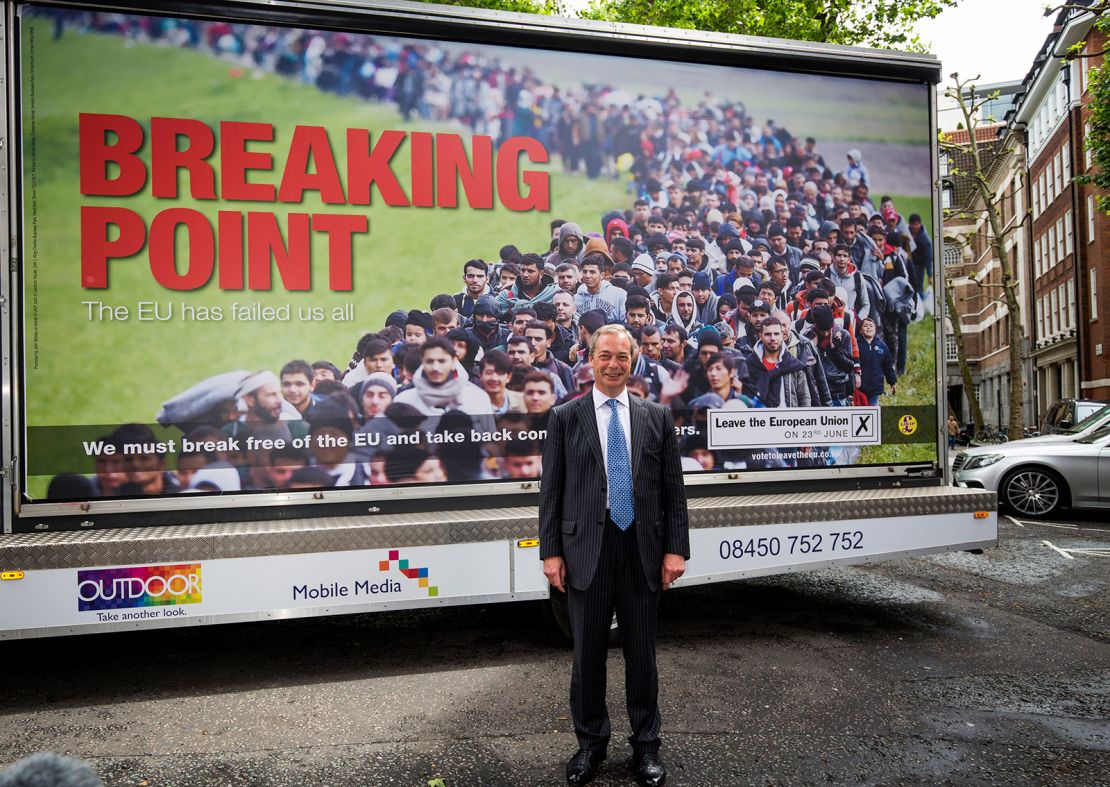 Former UKIP leader Nigel Farage poses with the party's infamous "Breaking Point" poster on June 16, 2016, ahead of the UK's referendum on leaving the EU.