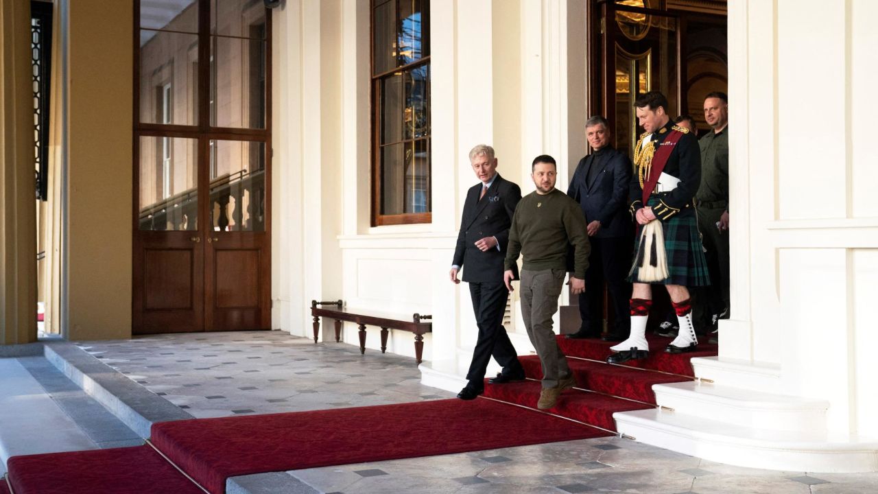 Zelensky and Prystaiko leave following an audience with King Charlies III at Buckingham Palace, February 8, 2023.