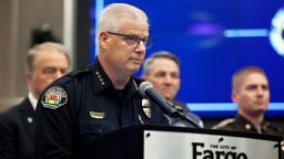 Fargo Police Chief Dave Zibolski pauses during a news conference regarding Friday's shooting in Fargo, North Dakota, Saturday, July 15, 2023. 