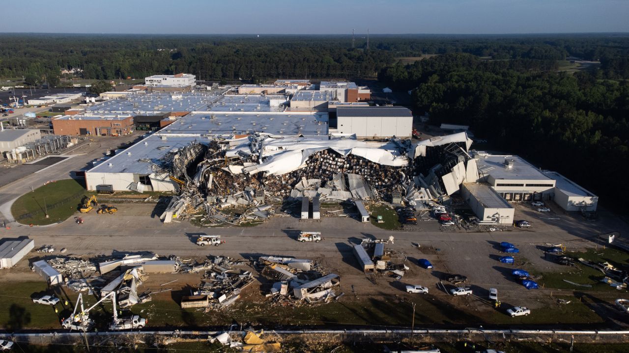 ROCKY MOUNT, NORTH CAROLINA - JULY 21: In this aerial view a Pfizer pharmaceutical factory after a tornado damaged the facility two days before on July 21, 2023 in Rocky Mount, North Carolina. The facility makes almost 25% of Pfizer's sterile injectable medicines used in the United States. (Photo by Sean Rayford/Getty Images)