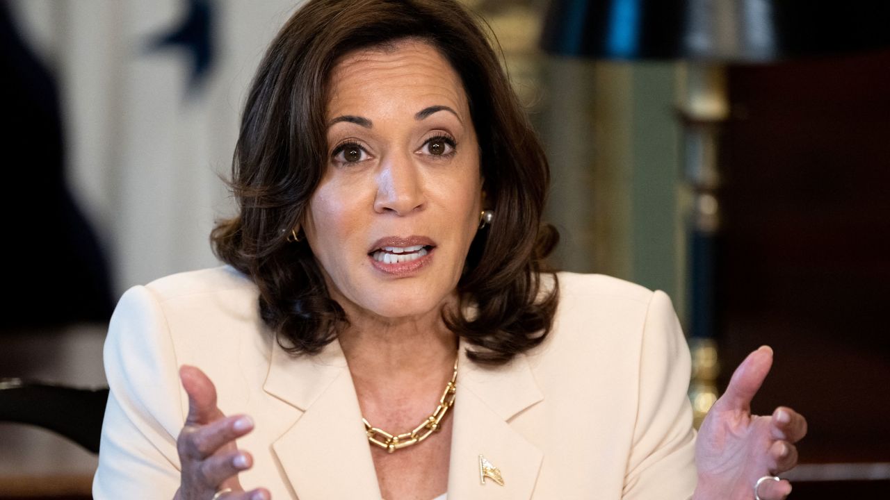 US Vice President Kamala Harris speaks during a meeting with State Attorneys General in the Eisenhower Executive Office building, next to the White House, in Washington, DC, on July 18, 2023.
