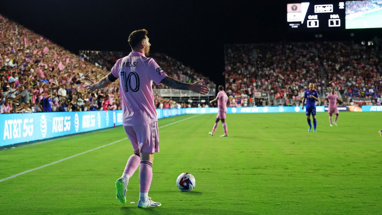 Lionel Messi #10 of Inter Miami CF reacts during the second half of the Leagues Cup 2023 match against Cruz Azul at DRV PNK Stadium on July 21, 2023 in Fort Lauderdale, Florida.