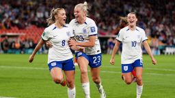 England's Georgia Stanway (left) celebrates scoring their side's first goal of the game during the FIFA Women's World Cup 2023, Group D match at Brisbane Stadium, Brisbane. Picture date: Saturday July 22, 2023.