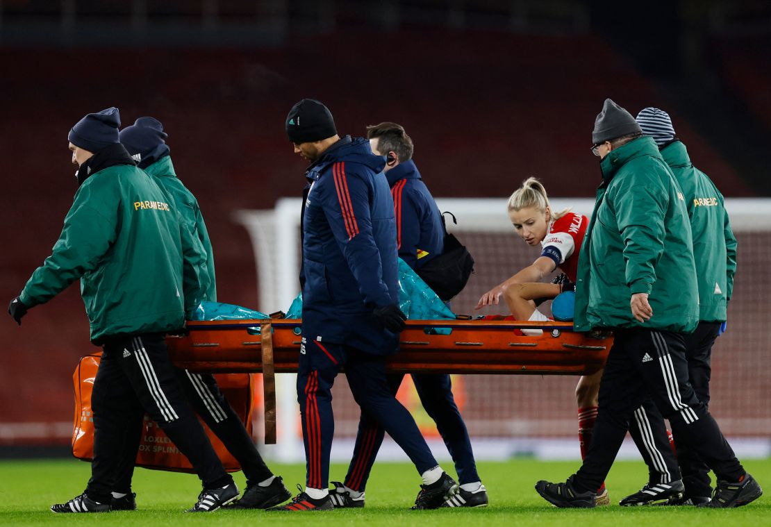 Vivianne Miedema is consoled by her Arsenal teammate Leah Williamson after suffering an ACL injury in December.