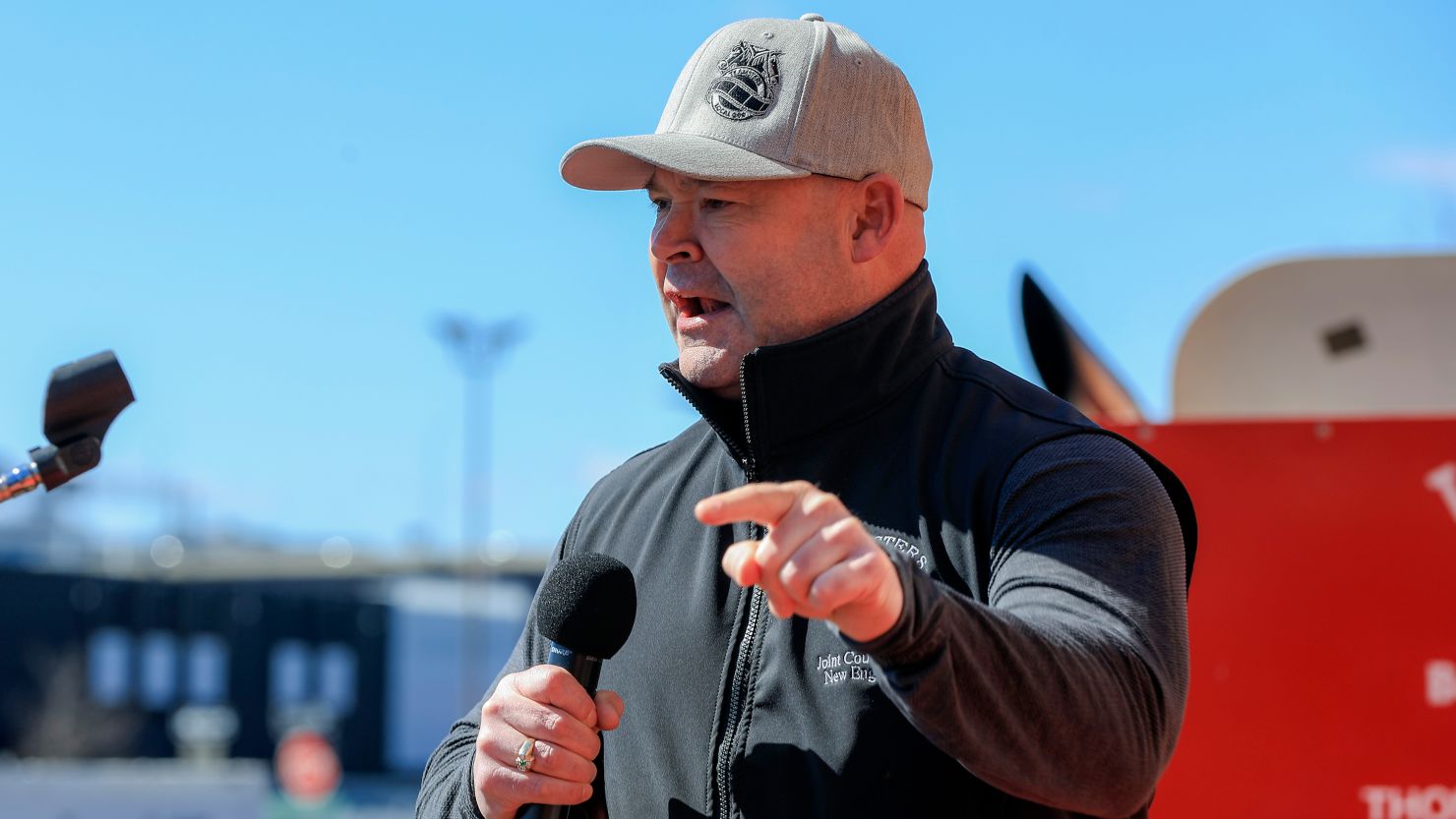 Teamsters president Sean O'Brien speaking at a rally with UPS workers before their national contract negotiations on April 2, 2023, in Charlestown, Massachusetts.