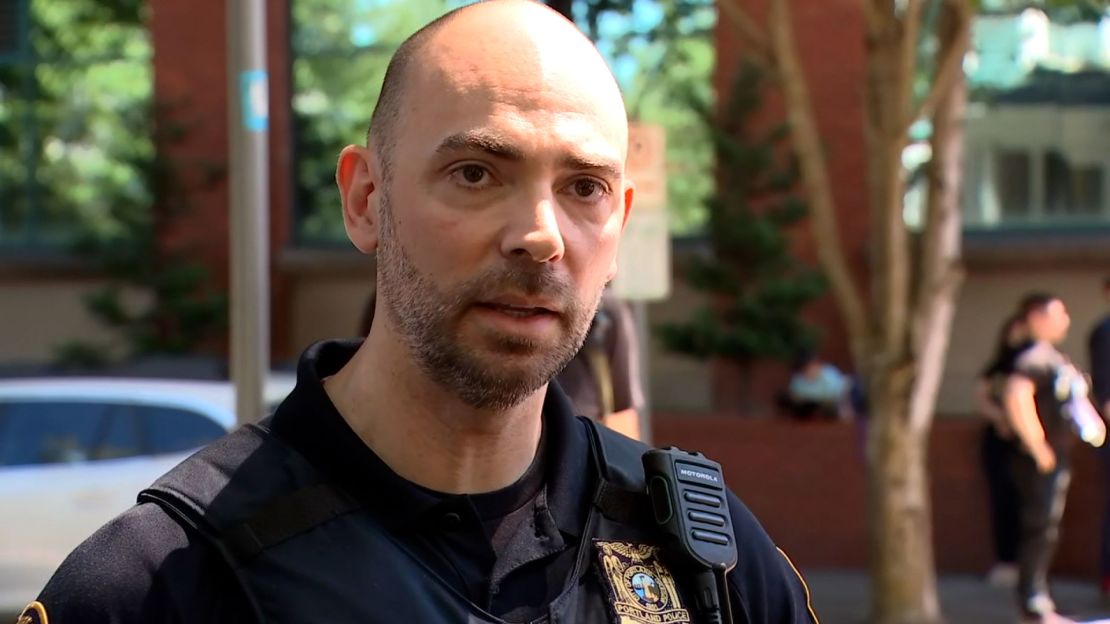 Sgt. Kevin Allen speaks at a news conference after a shooting in a hospital in downtown Portland, Oregon, on Saturday, July 22, 2023.